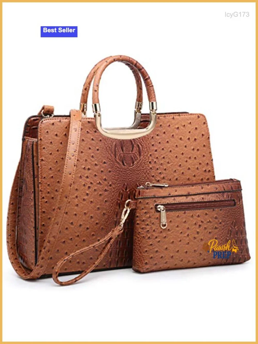 Vegan (PU) Ostrich Textured Leather Satchel Purse with Matching Wristlet and